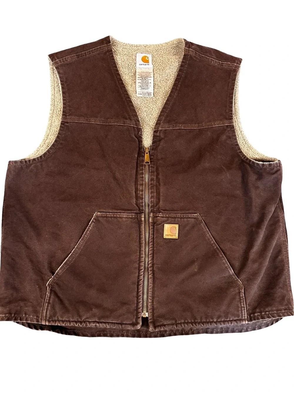 VTG Carhartt Sandstone Rugged Duck Sherpa Lined Vest Size XL Brown Outdoor